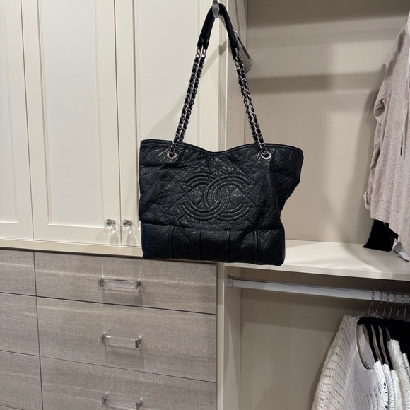 CHANEL Vintage Black Caviar Quilted Tote with Silver Chain Straps - Picture 1 of 6